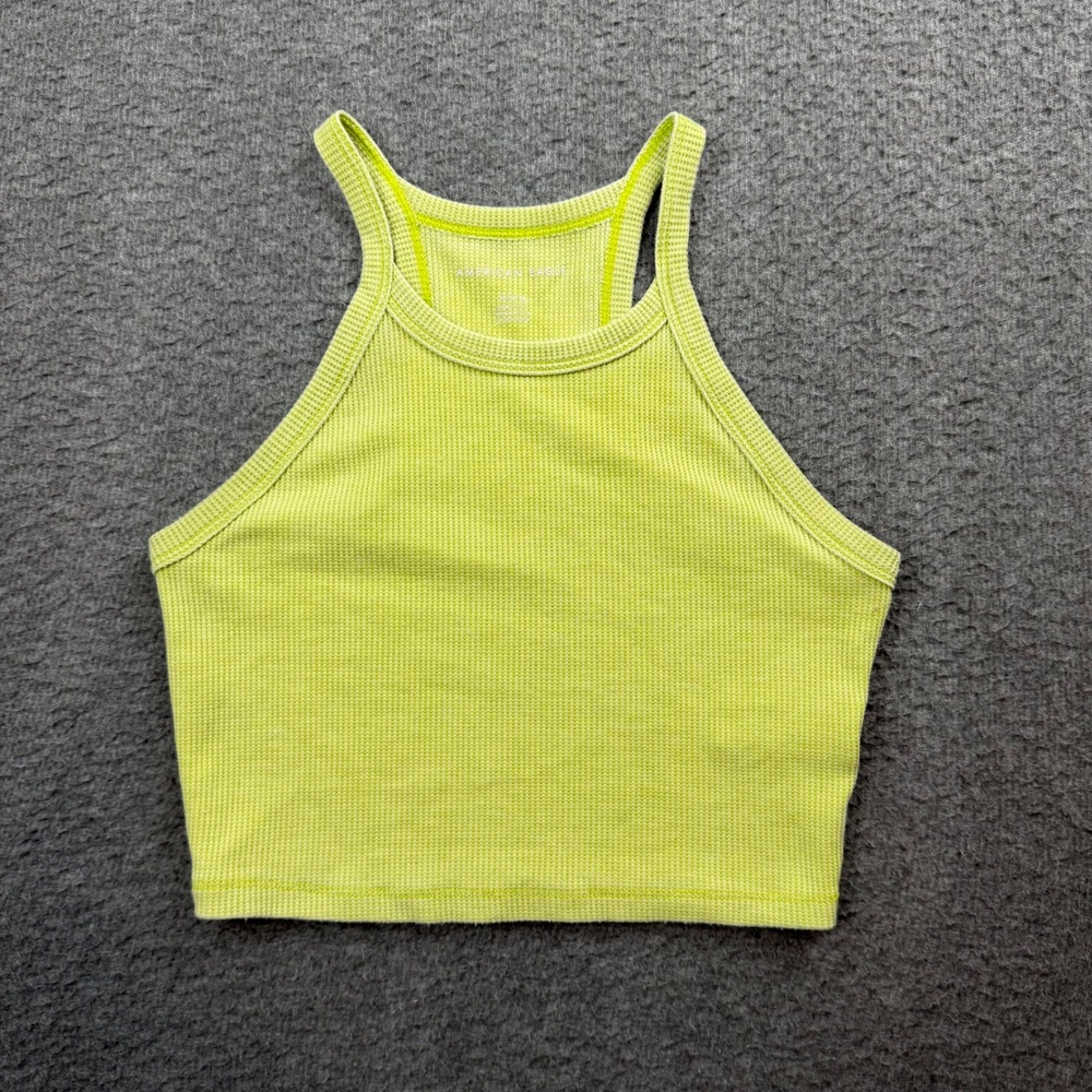American Eagle Tank Top Women's Medium Lime Green Waffle Knit Cropped Racerback
